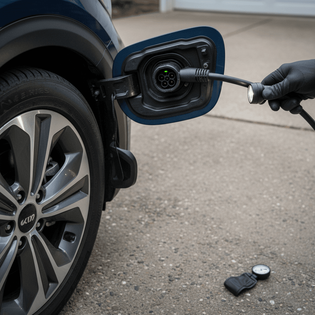 Technician inspecting a Kia Niro EV charging port and underbody wiring on a lift