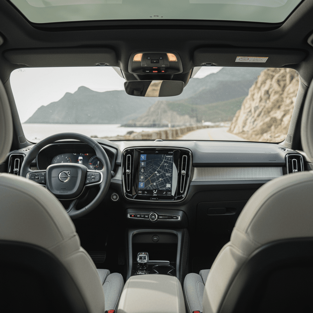 Minimalist interior of a 2024 Volvo C40 Recharge with portrait touchscreen and panoramic glass roof