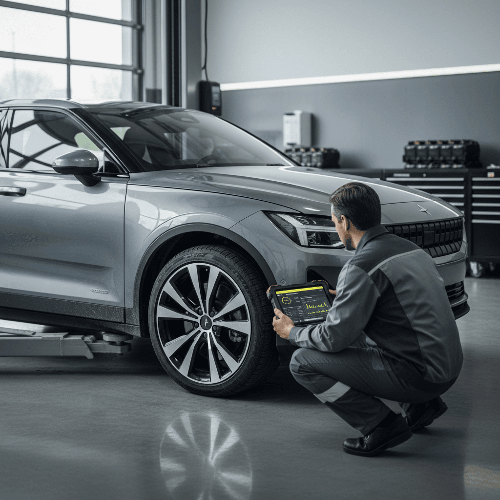 Technician inspecting a used Polestar 2 with a tablet to assess condition and battery health before trade-in