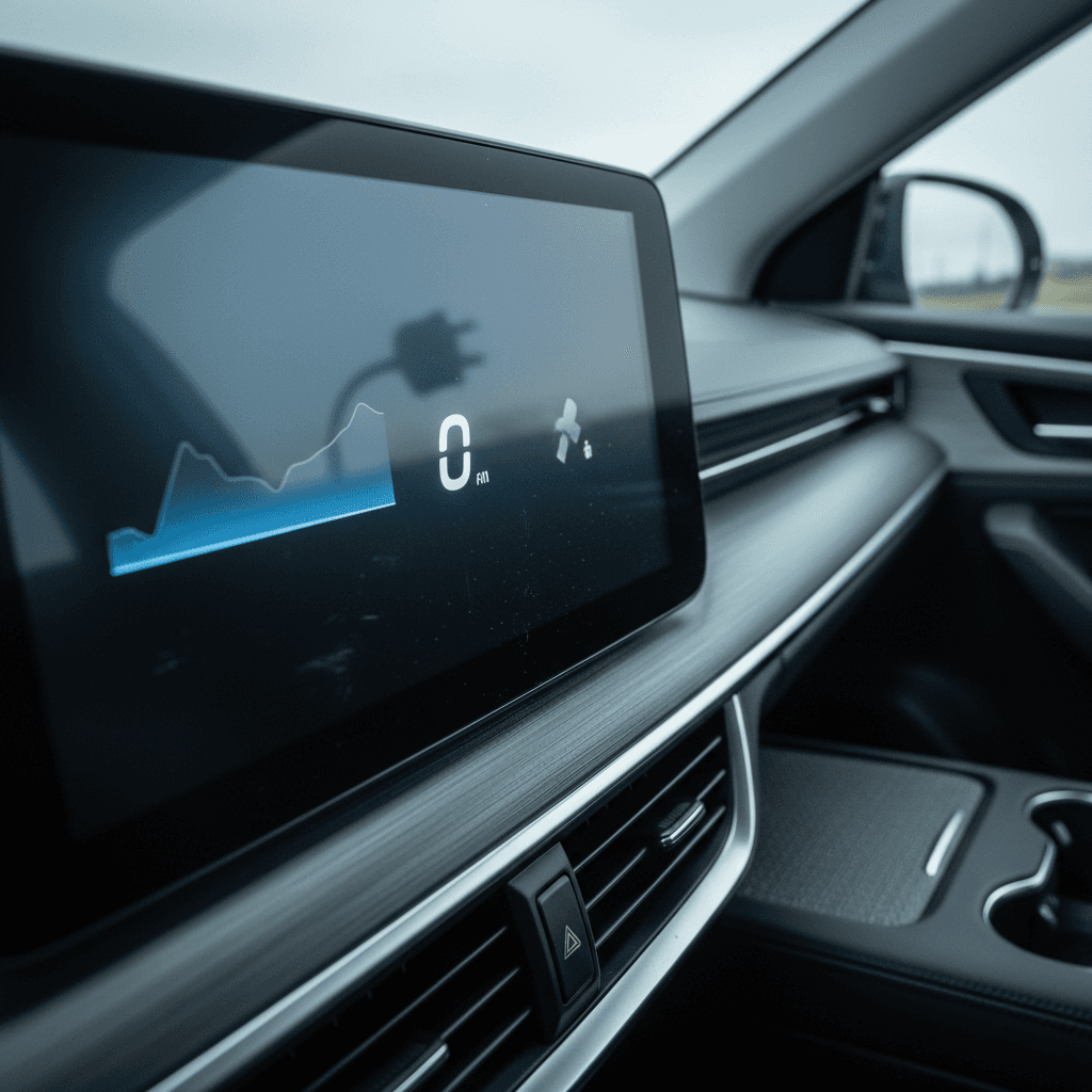 Electric car dashboard showing energy consumption and remaining range