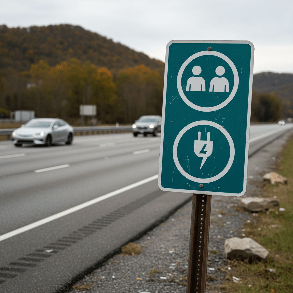 Simple HOV lane sign graphic next to an electric vehicle icon, clarifying rules for EV drivers