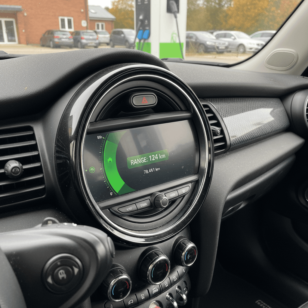 Used Mini Cooper Electric parked at public charging station, interior display showing range and mileage
