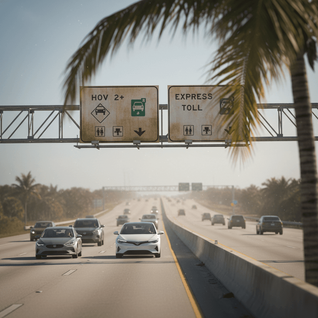 Florida highway overhead signs showing HOV and express lane rules with several cars including an electric vehicle