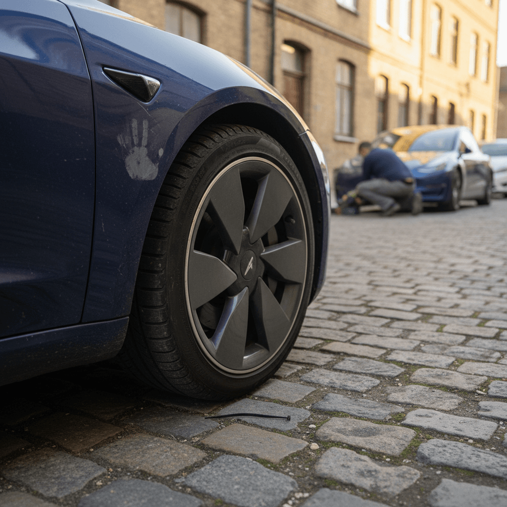 Technician inspecting a Tesla-style electric car on a lift in a service bay