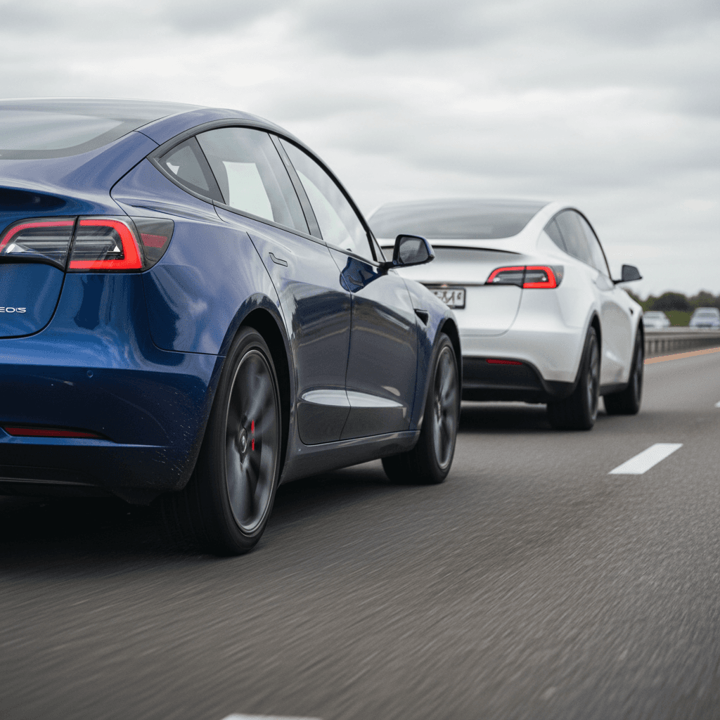Tesla Model 3 driving on an open highway, representing efficient electric driving