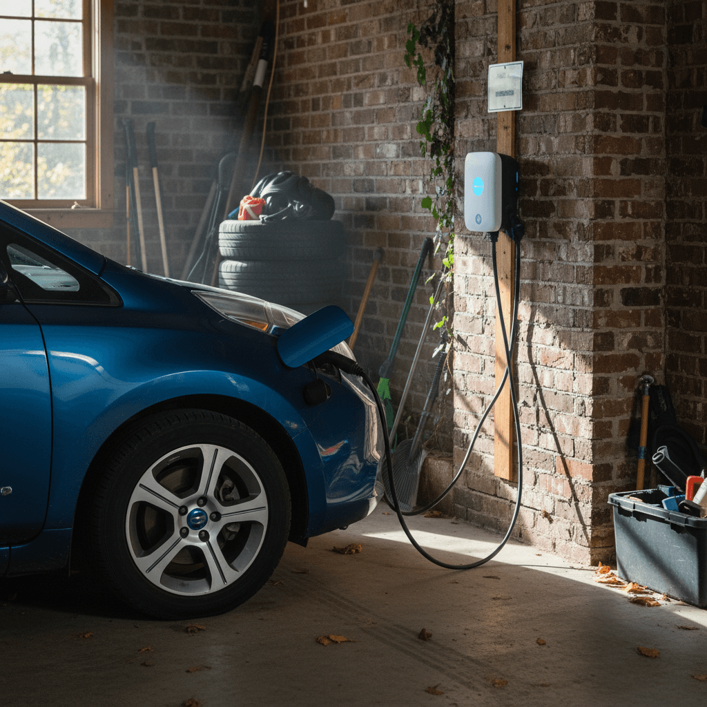 Raleigh homeowner’s garage with a Level 2 EV charger mounted on the wall and a used electric car parked and plugged in