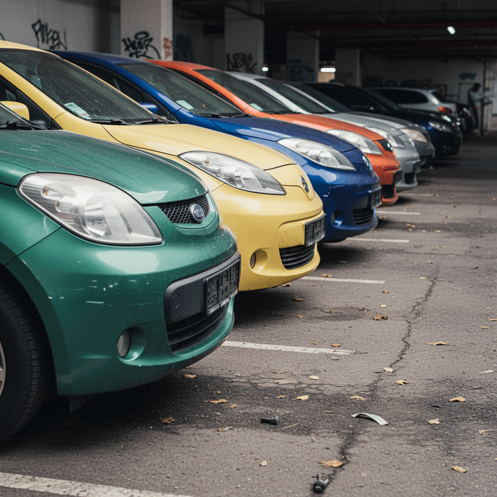 Row of used electric vehicles in different popular colors including white, gray, blue, and red parked diagonally at a dealership lot