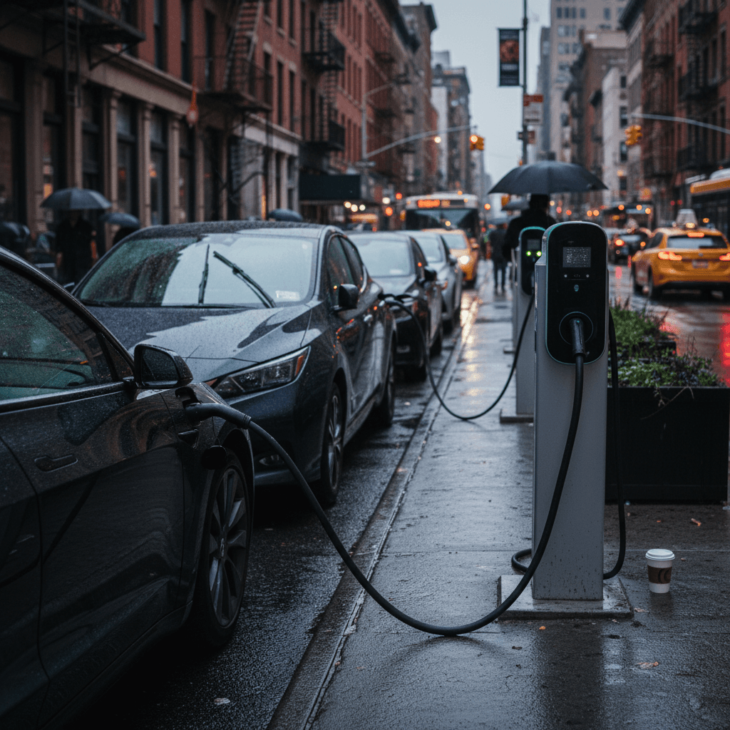 Cars plugged into curbside Level 2 electric vehicle chargers on a New York City street at dusk