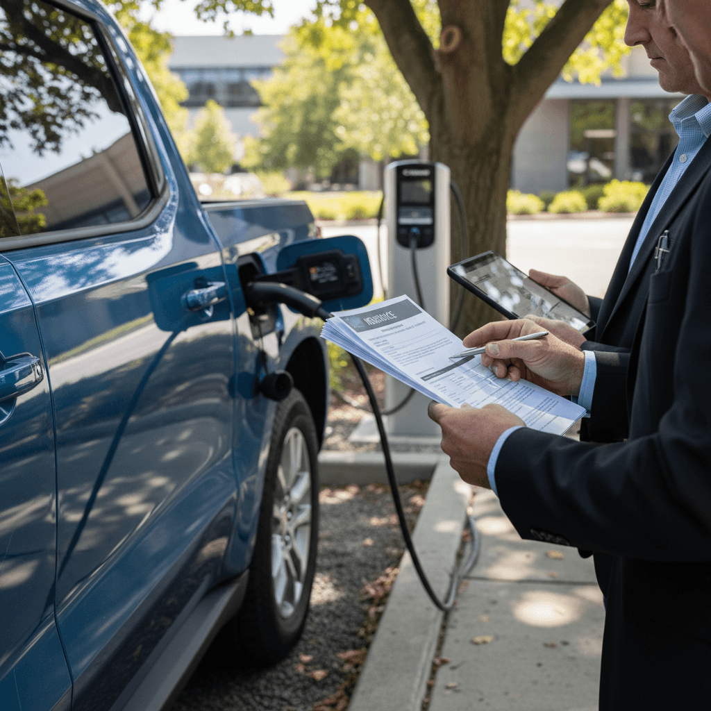 Insurance agent discussing coverage options with a Chevy Silverado EV owner beside the electric pickup