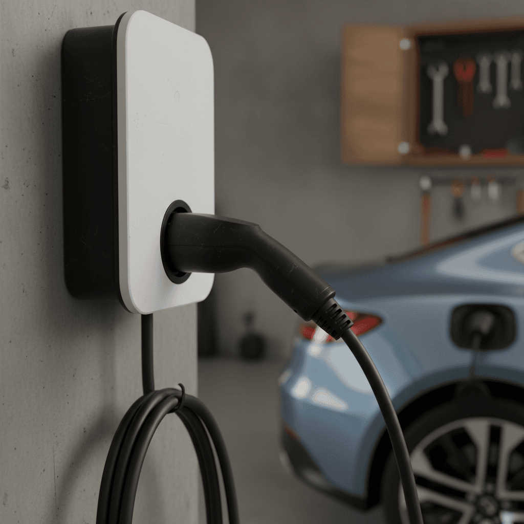 Licensed electrician installing a wall‑mounted EV charger in a residential garage