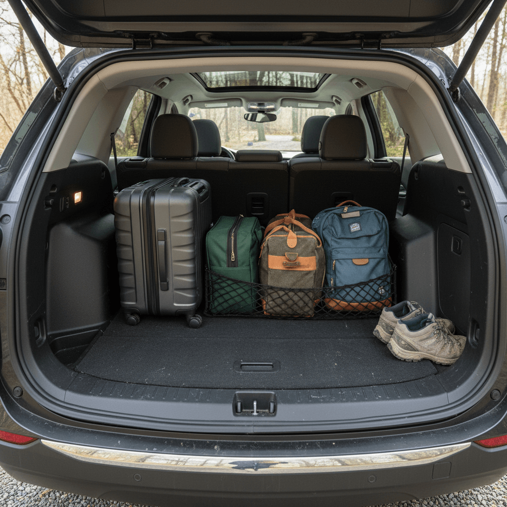 Chevy Equinox EV rear cargo area with split-fold rear seats and luggage loaded to show available space