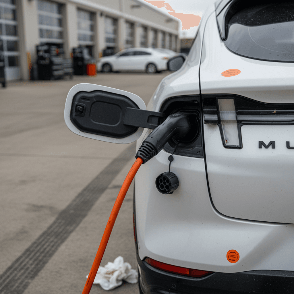 Ford Mustang Mach-E parked at a service center with charge port open and recall inspection in progress