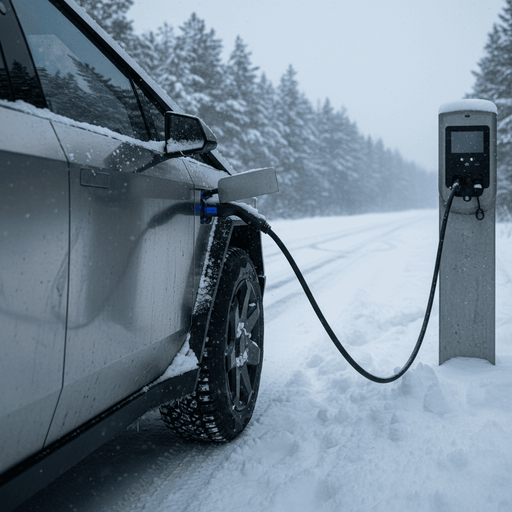 Tesla Cybertruck charging at a snowy fast-charging station during winter