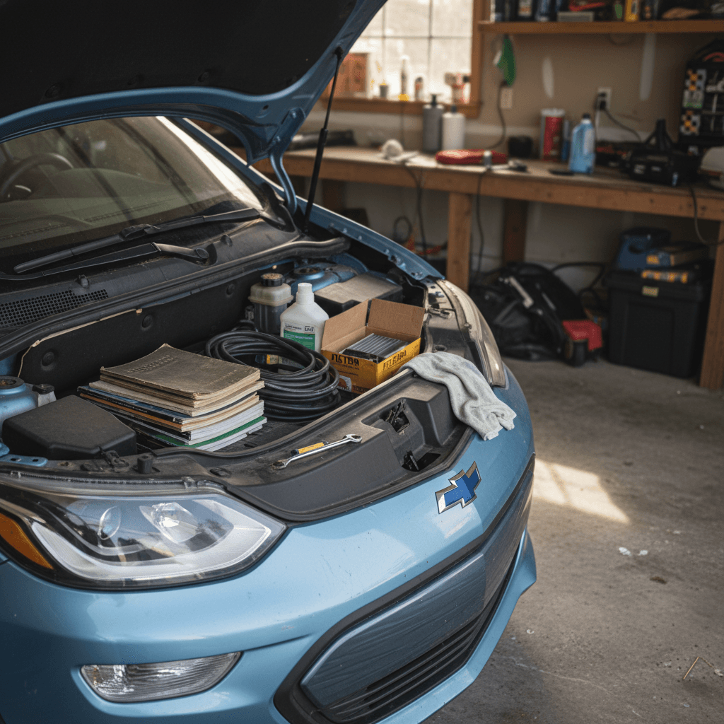 Mechanic inspecting the underbody of an electric hatchback on a lift