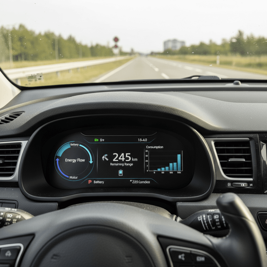 2019 Kia Niro EV dashboard showing real-time energy efficiency and remaining range during a highway drive