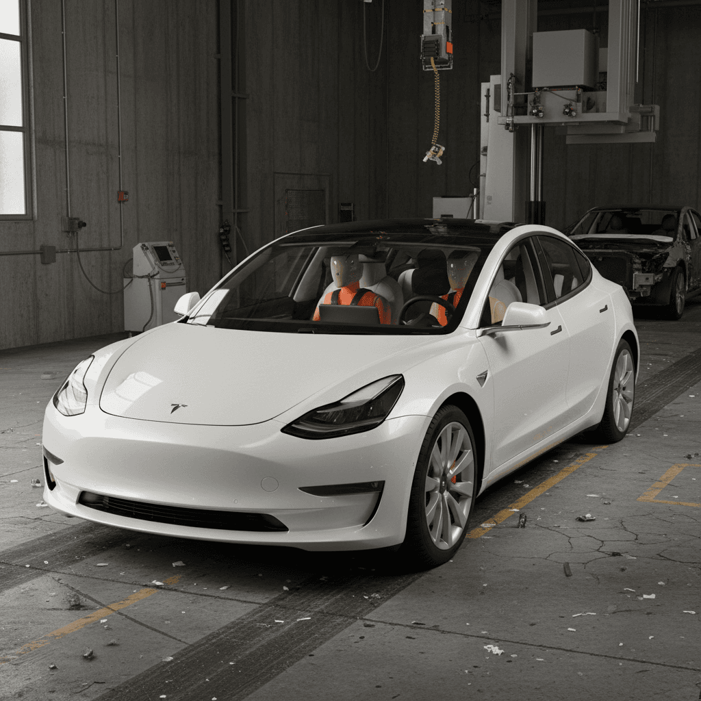 Tesla Model 3 positioned in a safety lab with crash-test dummies inside, ready for impact
