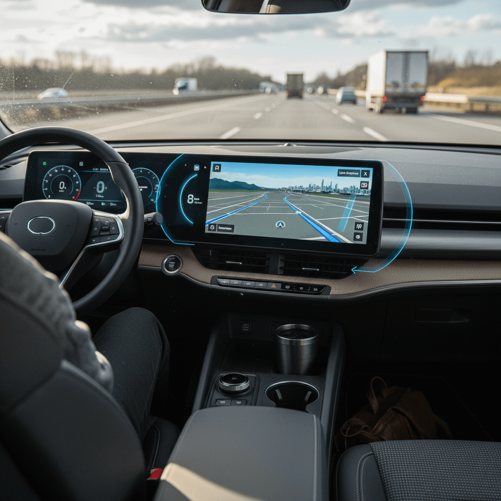 Modern electric vehicle interior driving on a highway with navigation and lane-keep assist active on a digital display