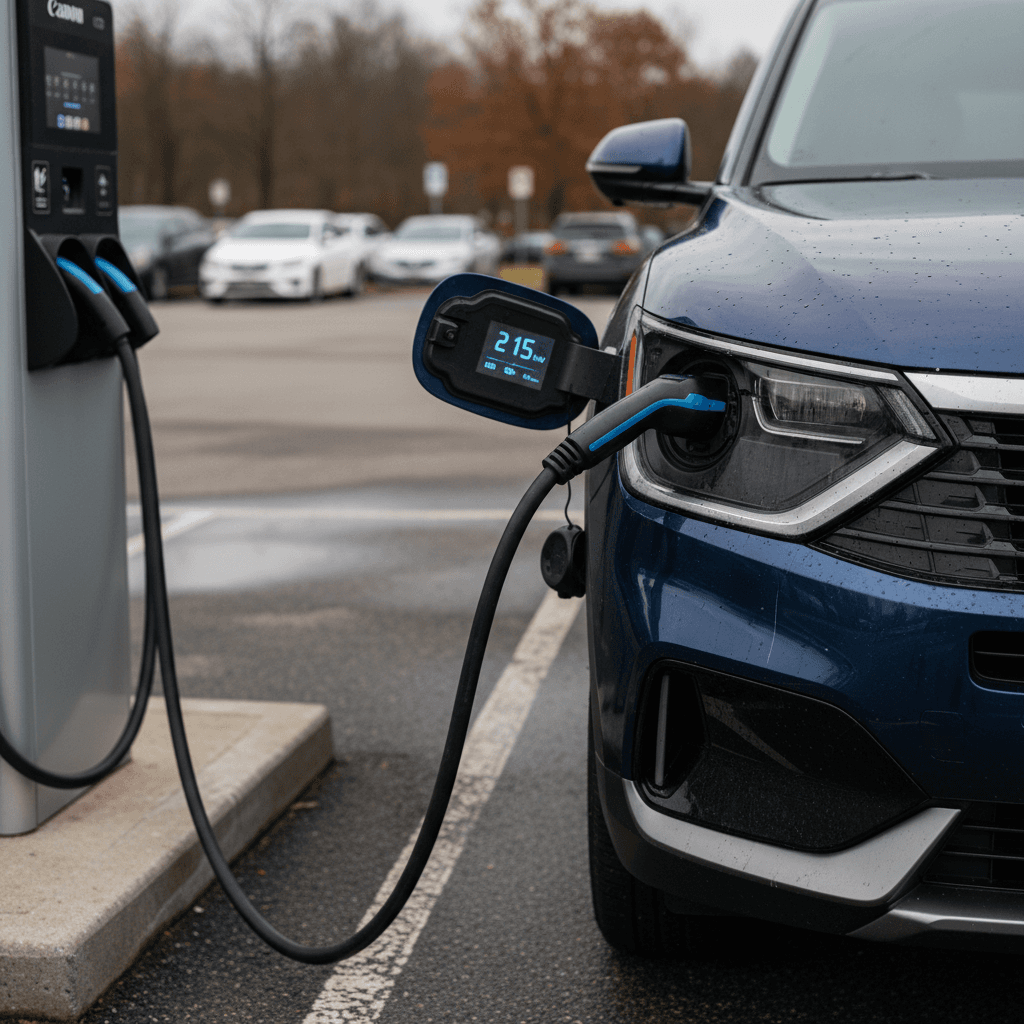 Kia EV9 plugged into a high-power DC fast charger, with the charging screen displaying rapid charging speed