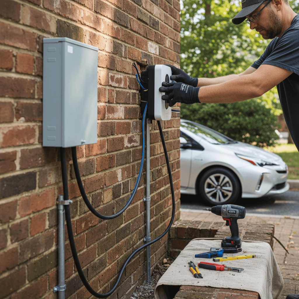 Wall-mounted Level 2 EV home charger on a Richmond brick rowhouse with an electric car parked in the driveway