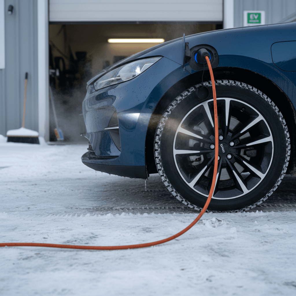Electric vehicle plugged into a fast charger on a cold day, with snow on the ground.