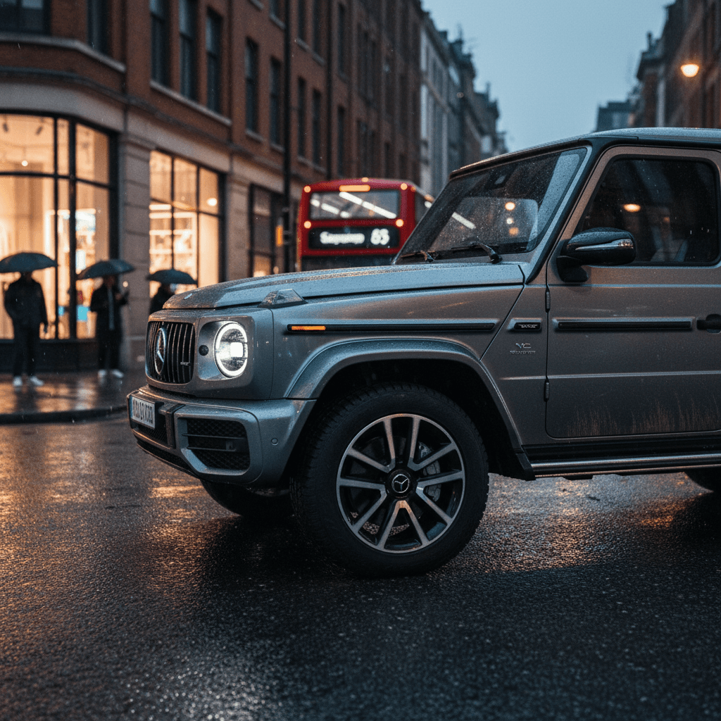 Electric Mercedes G-Class EQG parked curbside at night with charging cable connected