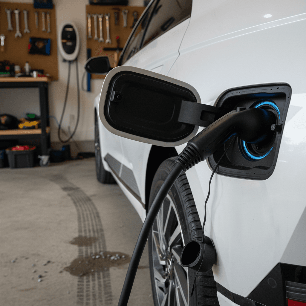 Hyundai IONIQ 5 plugged into a home Level 2 charger, showing charging status lights near the port