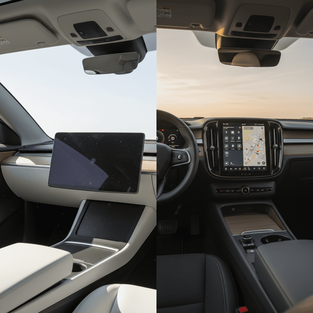 Side‑by‑side view of BMW i4 and Polestar 2 interiors showing different dashboard and screen designs