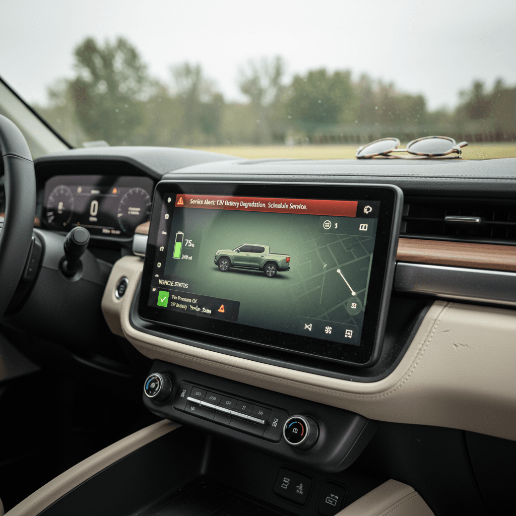 Interior view of a Rivian R1T showing the central touchscreen with vehicle status and alerts displayed