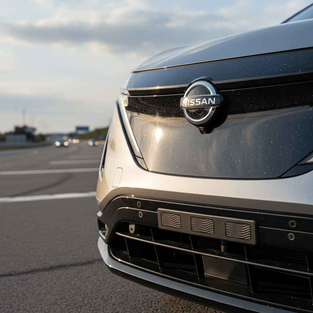 Close-up of Nissan Ariya front camera and radar sensors that support crash avoidance and ProPILOT driver assistance