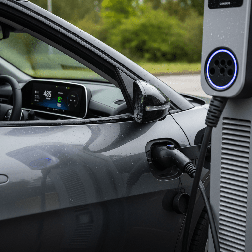 Kia EV6 plugged into a fast charger with the driver monitoring real-time range on the dashboard