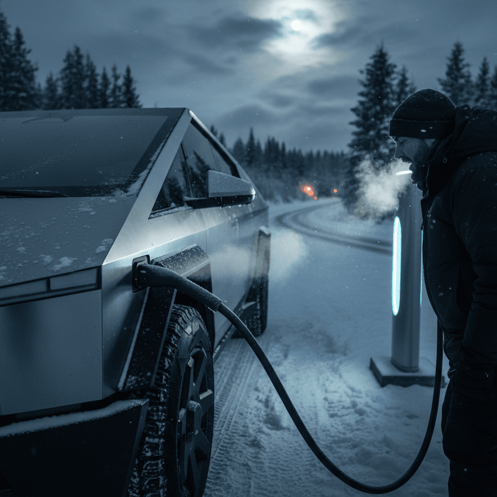 Subaru Solterra charging in a snowy residential driveway with snow-covered trees in the background