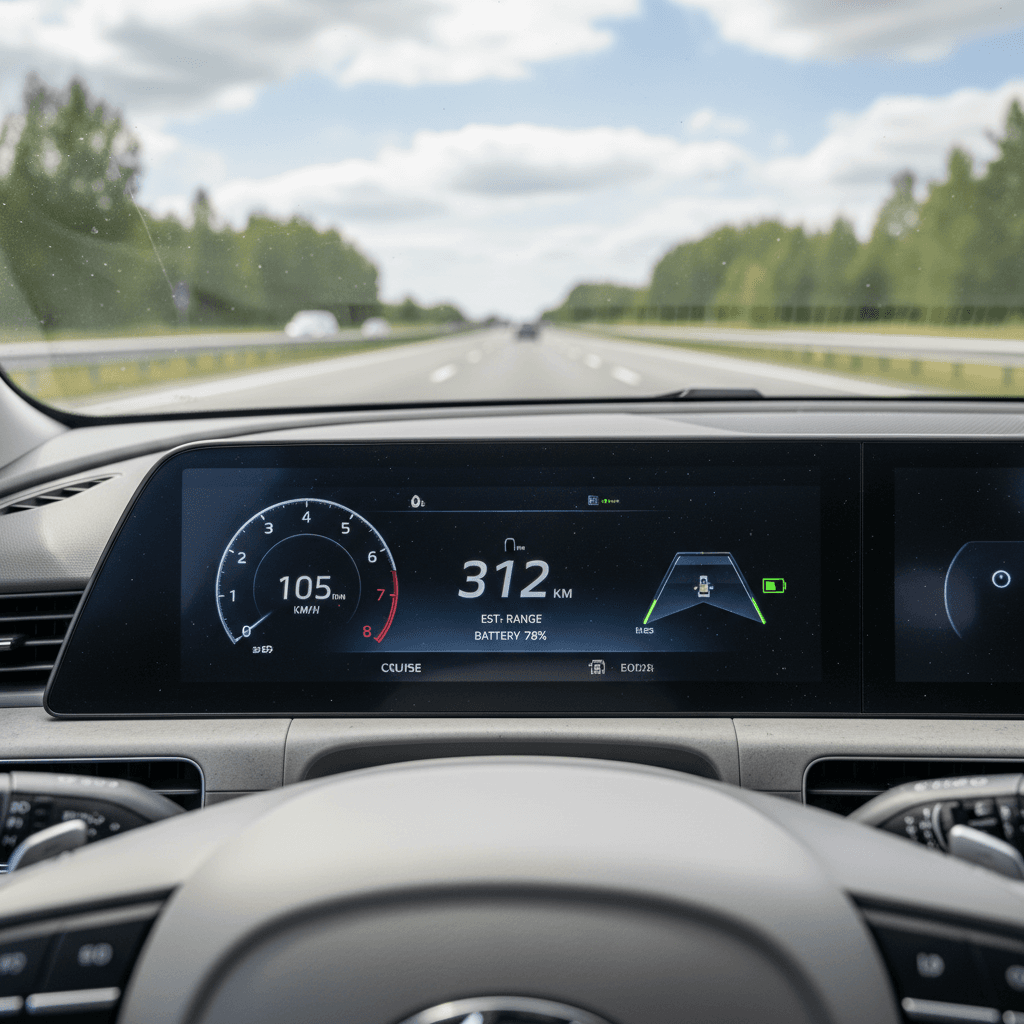 Digital instrument cluster in a 2023 BMW i7 showing state of charge, remaining range, and energy use at highway speed
