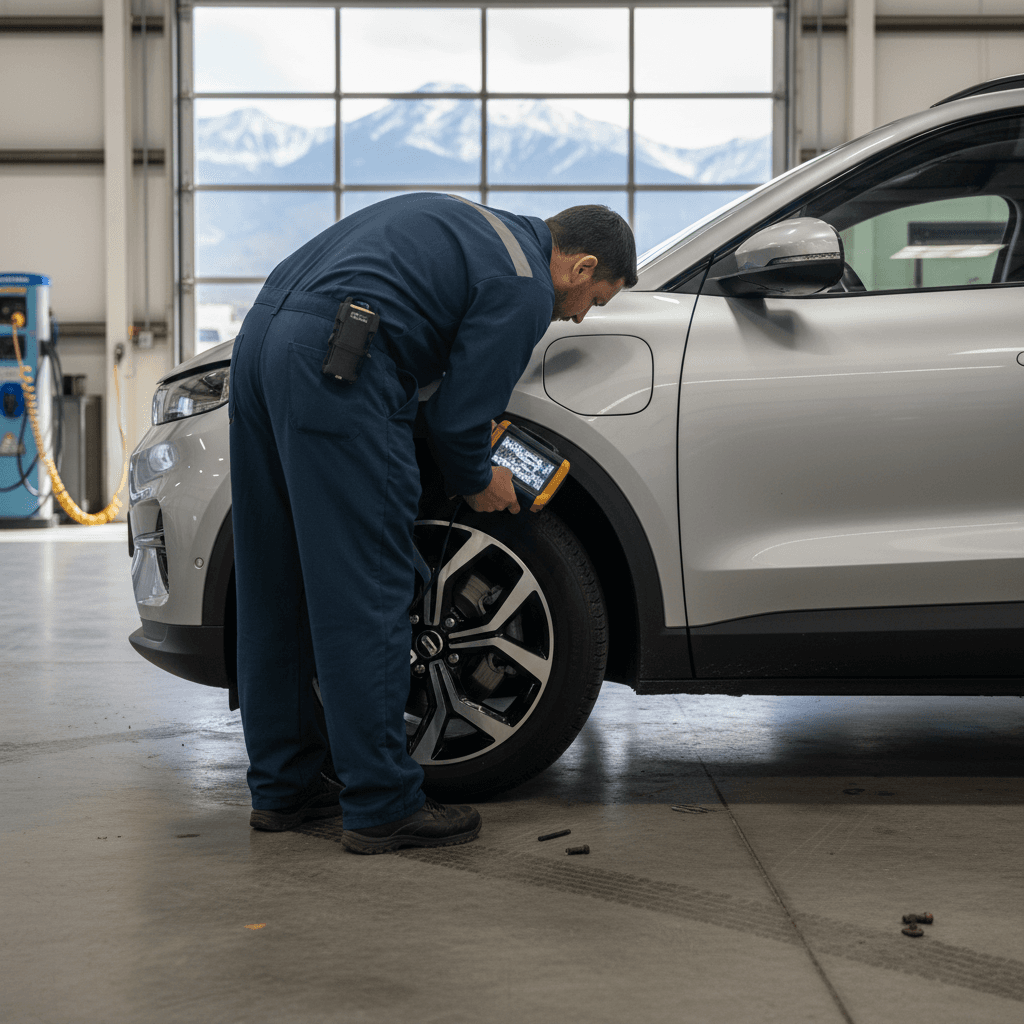 Colorado inspector checking the VIN plate on an electric car during an inspection