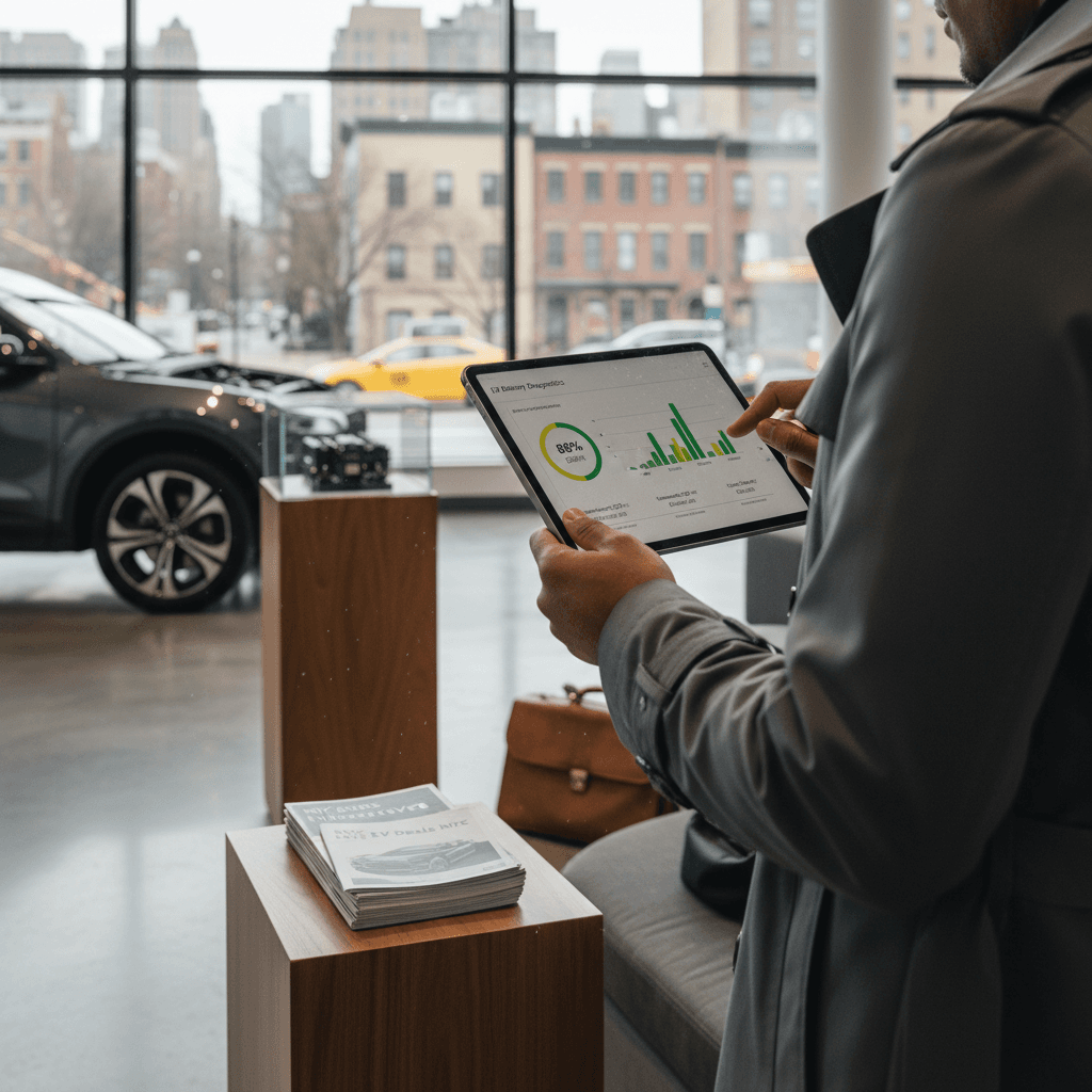 Buyer in a New York City EV showroom reviewing a digital battery health and pricing report for a used electric vehicle on a tablet.
