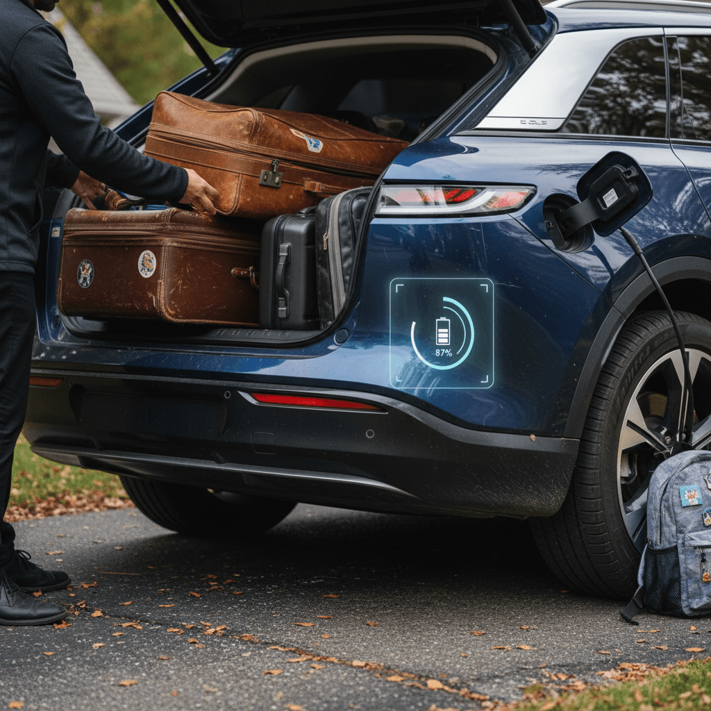 Family loading luggage into a luxury electric SUV before a trip
