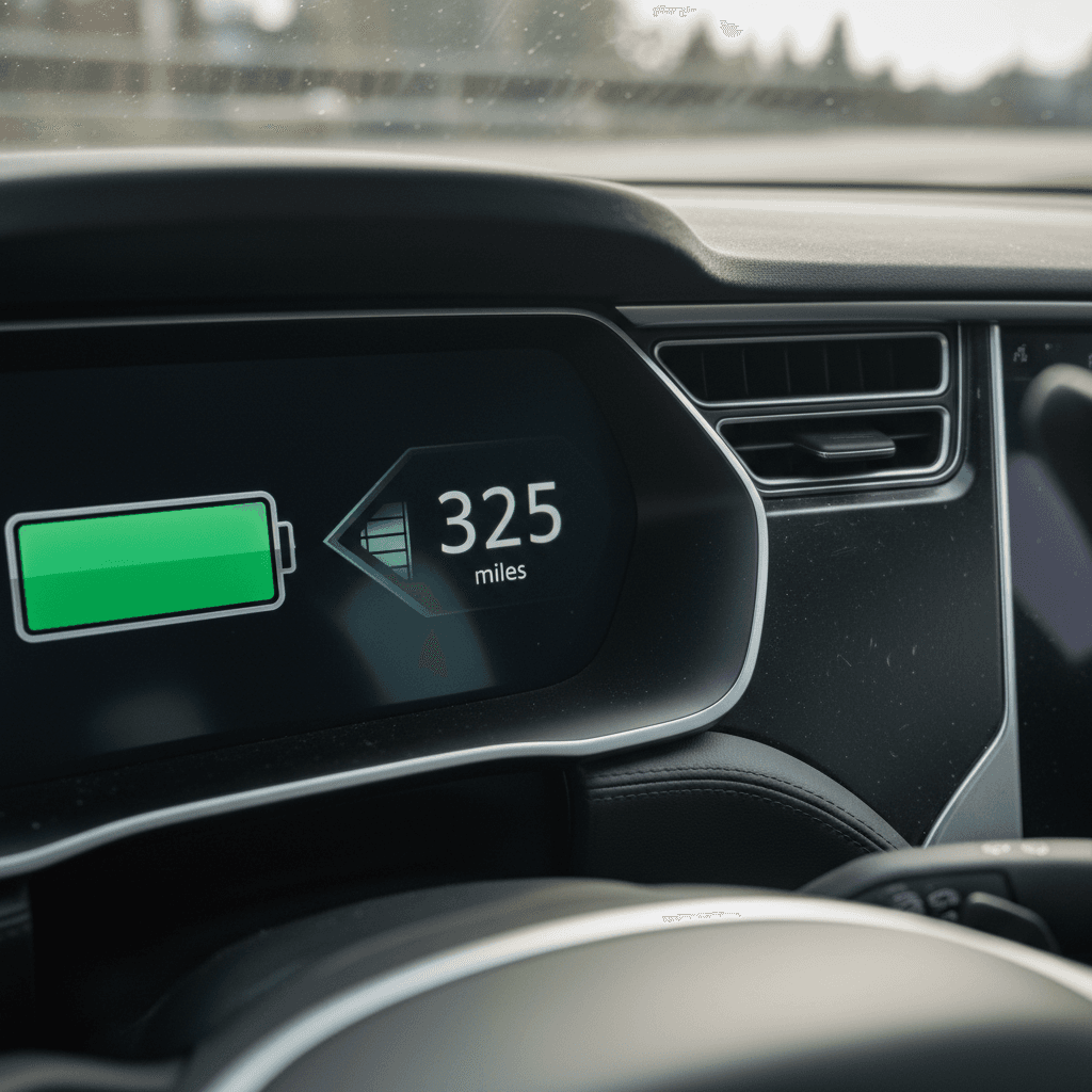 Tesla Model S dashboard showing remaining range during a steady highway drive