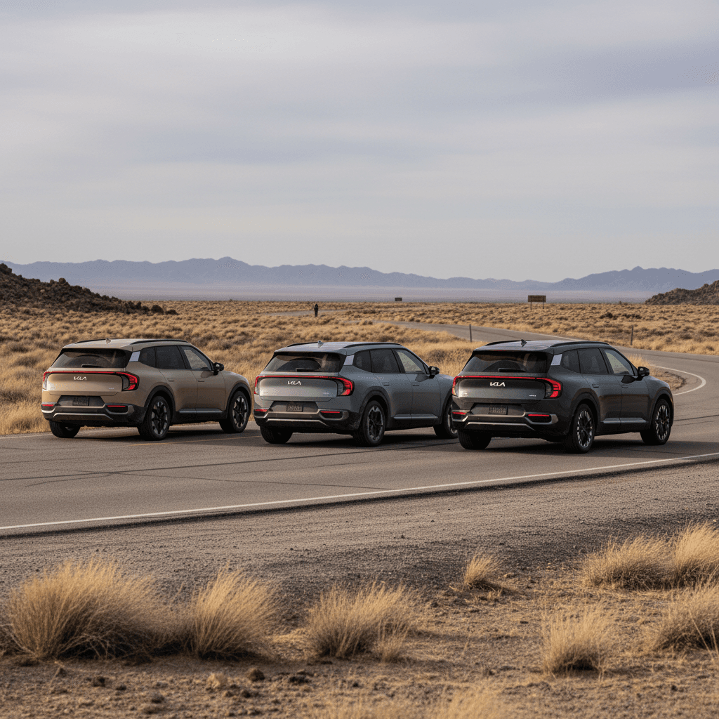 Four Kia EV9 trims parked side by side showing subtle exterior differences between Light, Wind, Land and GT-Line