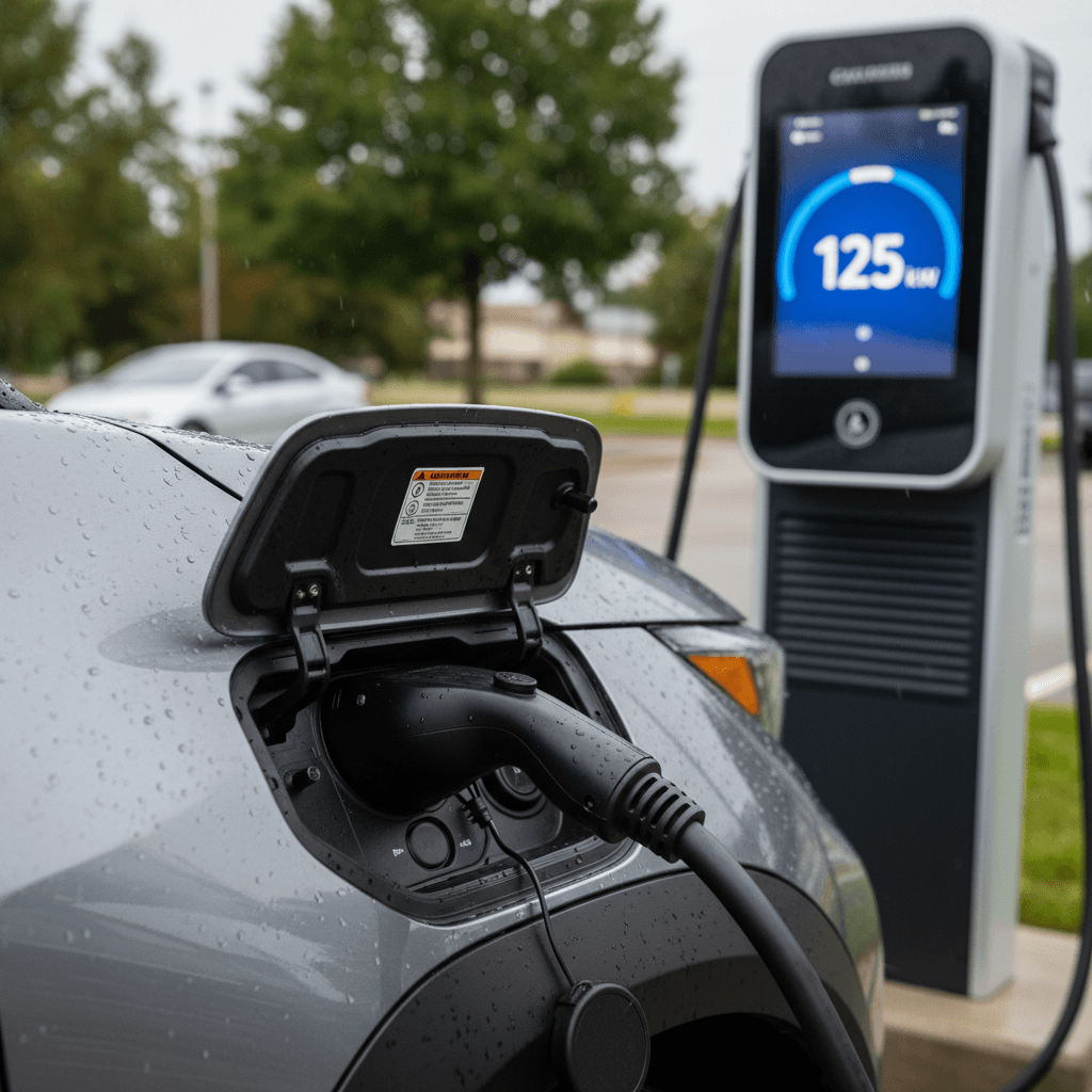 Close-up of a Subaru Solterra charging port connected to a DC fast charger showing charging power on the screen