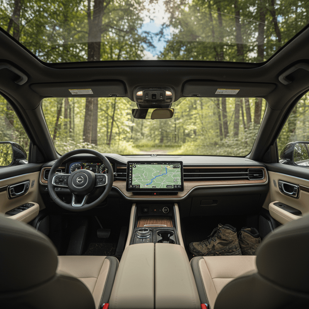 Three-row 2025 Rivian R1S interior with panoramic roof and large central touchscreen, parked at a trailhead