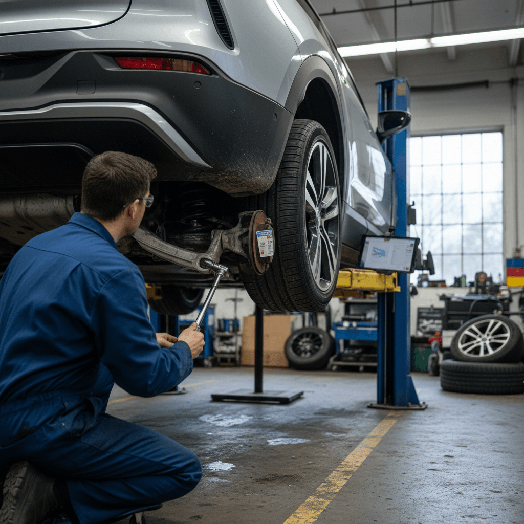 Electric vehicle on a lift during a Maryland safety inspection while a technician checks suspension and tires