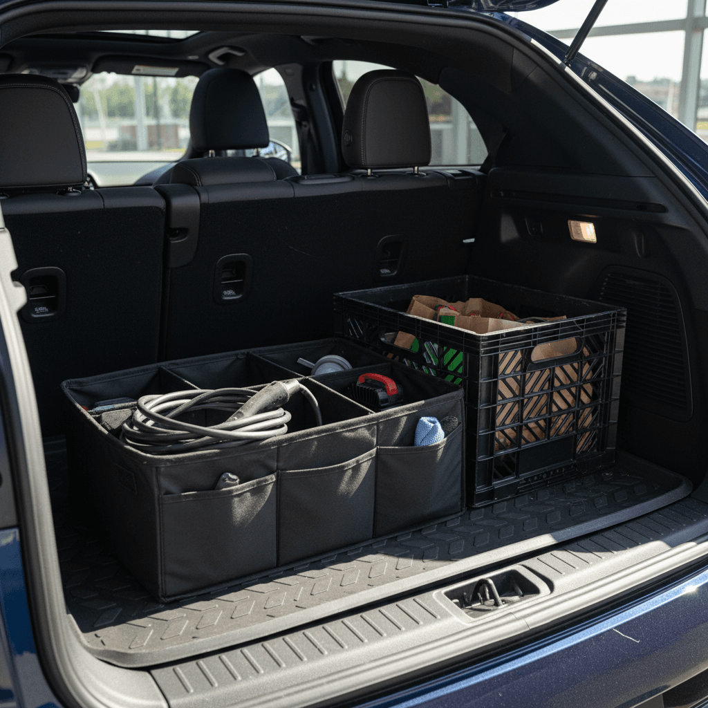 Ford Mustang Mach-E rear cargo area with a fitted cargo liner and storage bins