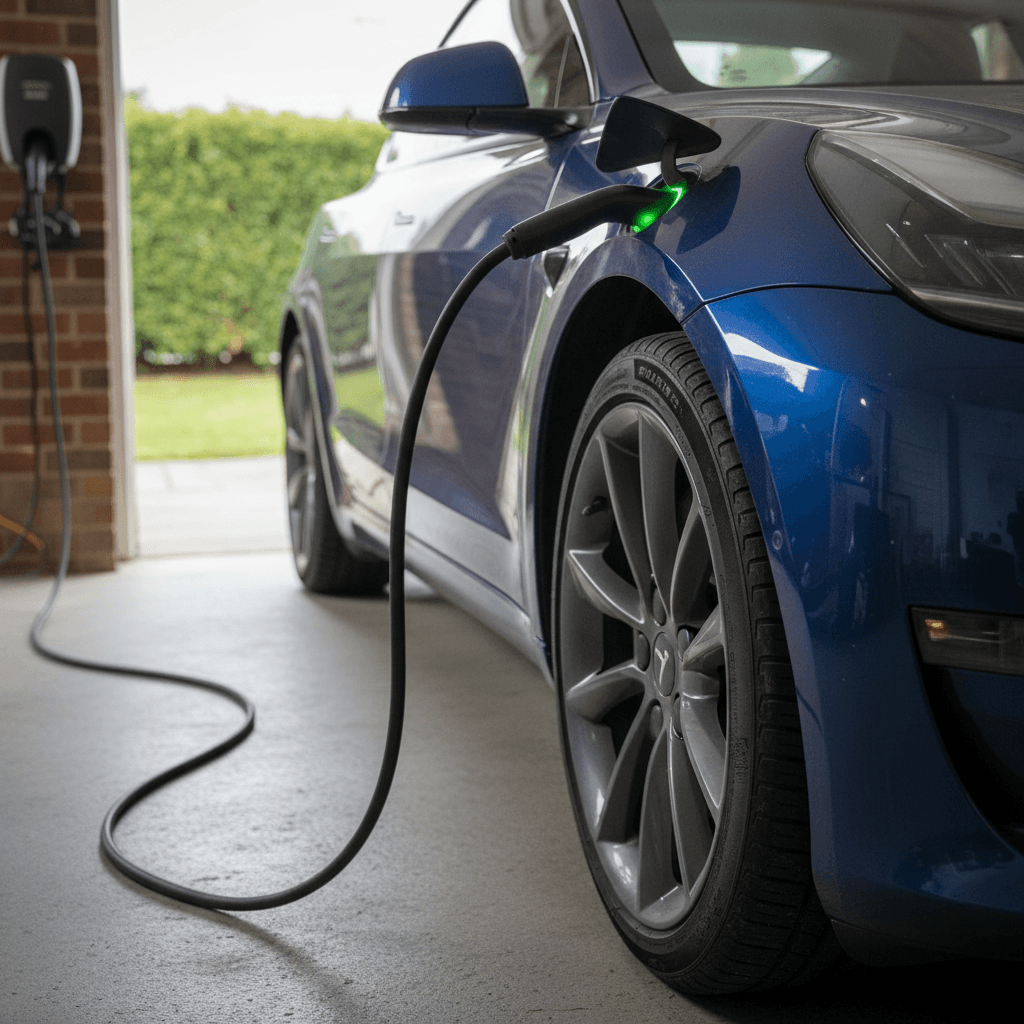 A used 2023 Tesla Model 3 plugged in at a home charger, showing light wear on wheels and bodywork