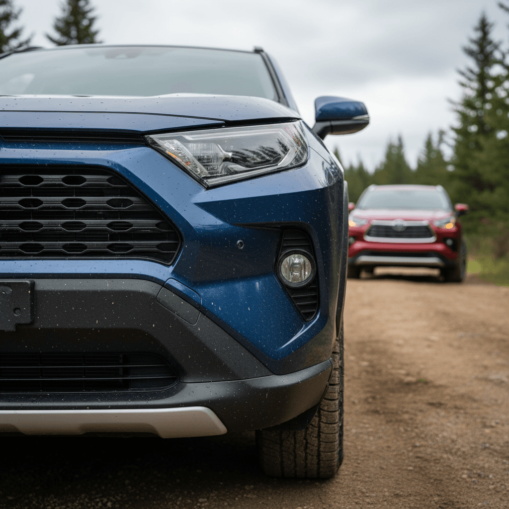 Blue Toyota RAV4 Hybrid driving on a suburban street past trees and houses