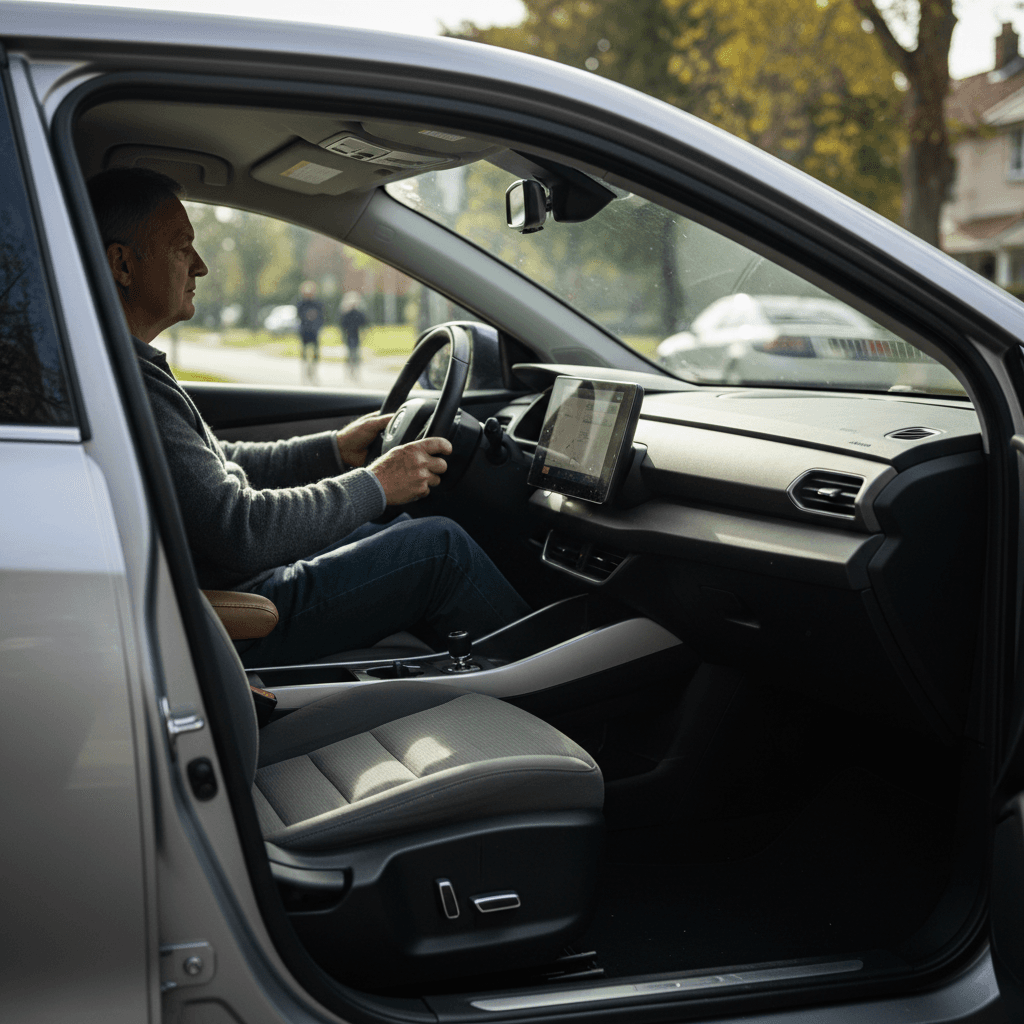 Senior driver sitting comfortably in an electric crossover with a high seating position and clear view out the windshield
