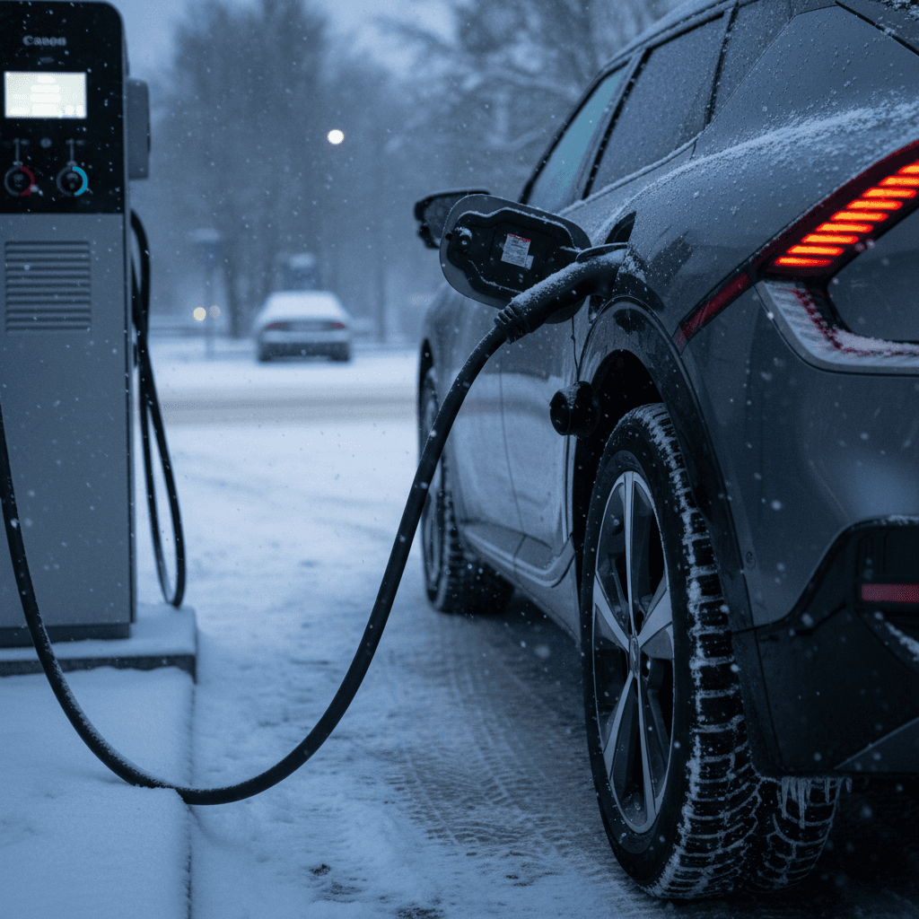 Kia EV6 charging at a public fast charger in light snow during winter