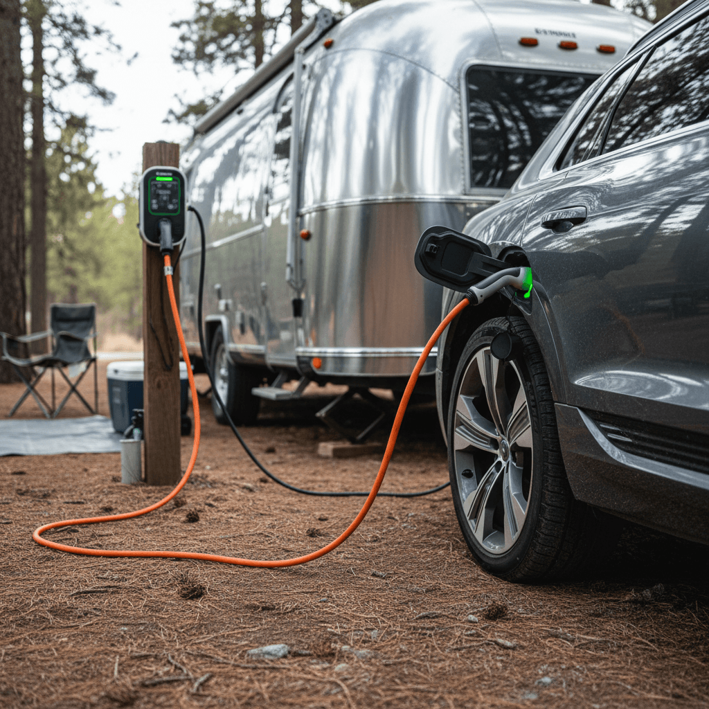 Audi Q8 e-tron SUV hitched to a small camper trailer at a campsite with a charging cable plugged into a public EV charger nearby