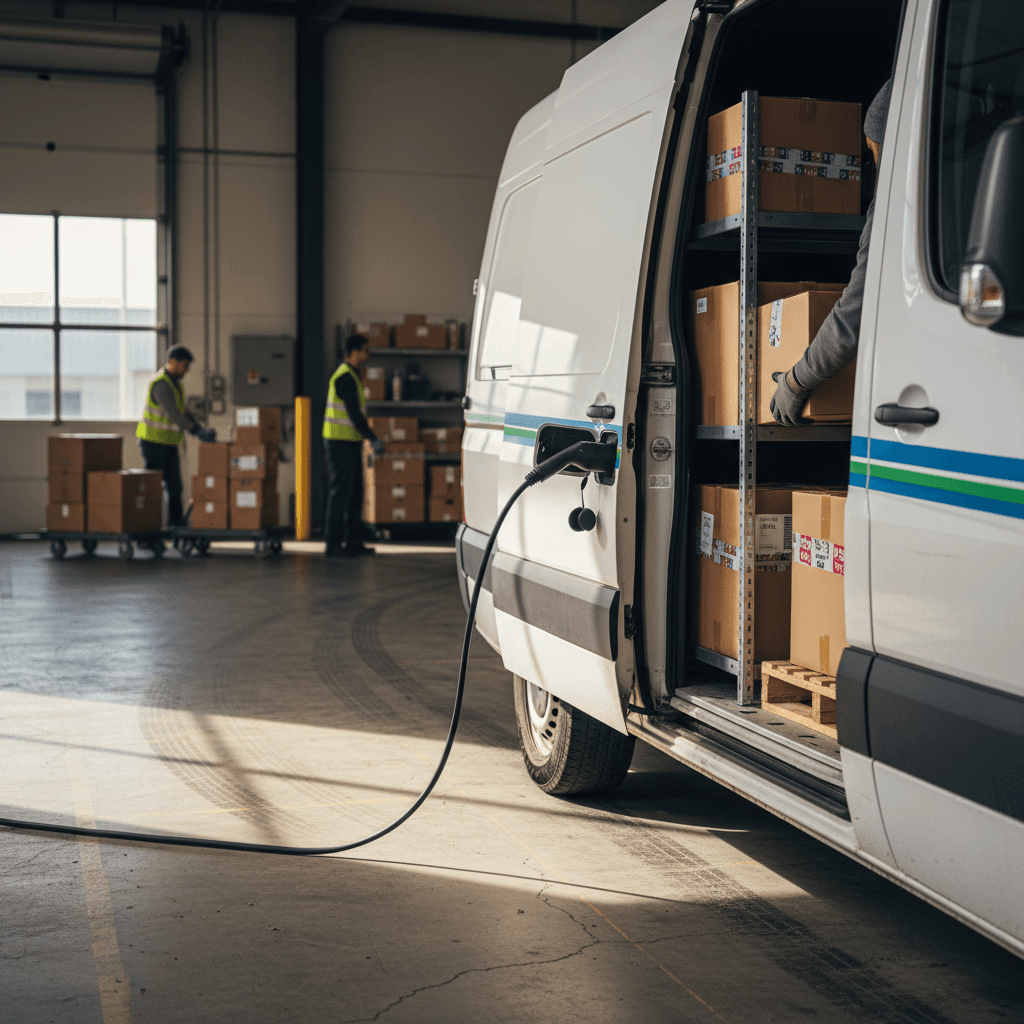 Electric cargo van plugged into a Level 2 charger while staff load boxes at a small business warehouse