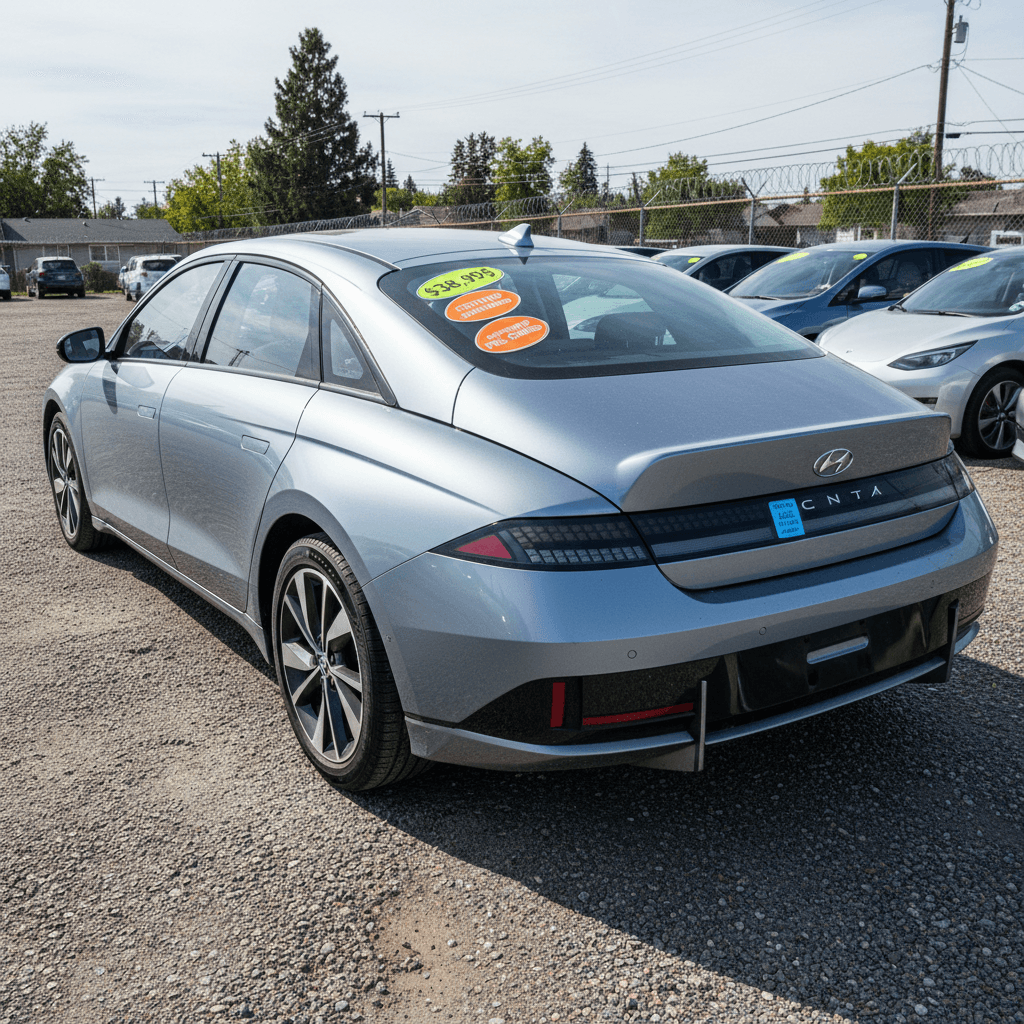 Used Hyundai IONIQ 6 sedans lined up on a dealer lot with price stickers in the windows