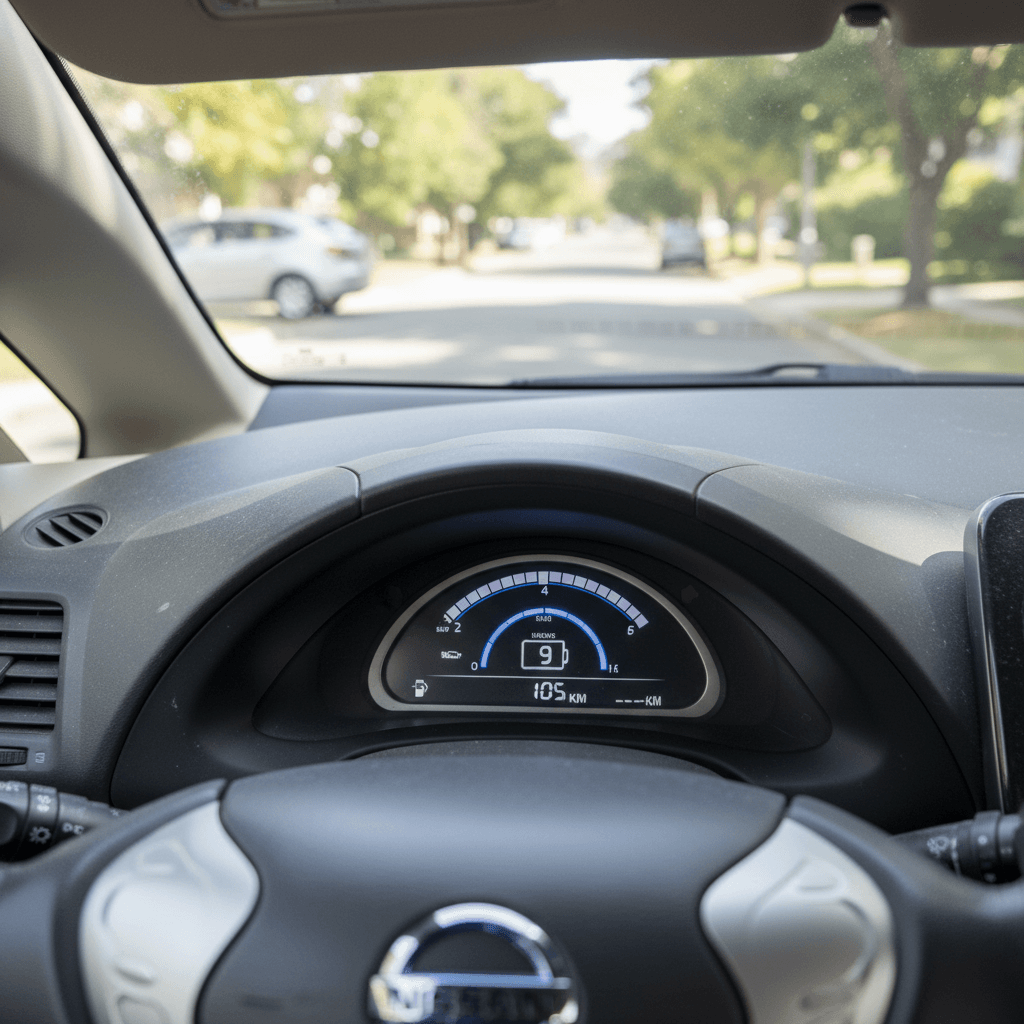 Instrument cluster of a Nissan Leaf highlighting the 12-bar battery capacity gauge used for warranty assessments
