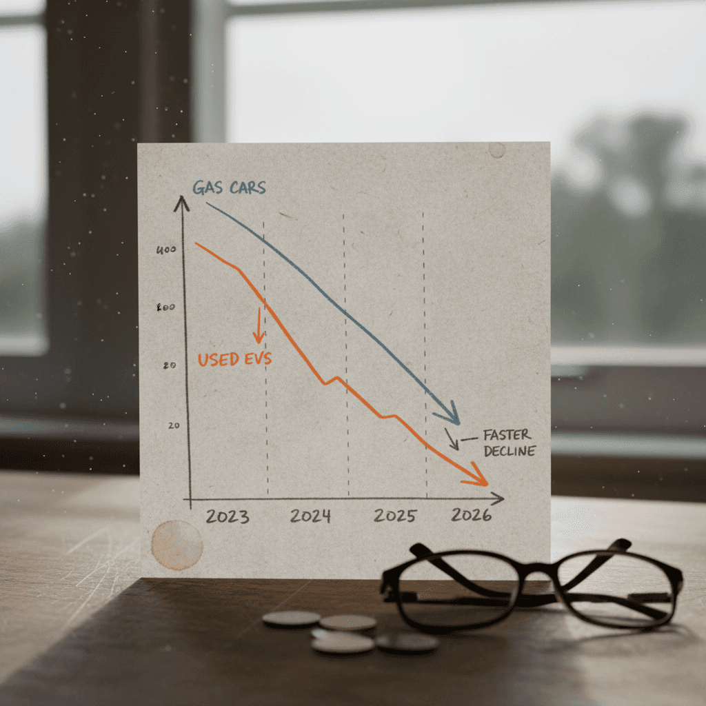 Illustration showing used EV prices declining faster than gasoline cars, with projections leveling off by 2026